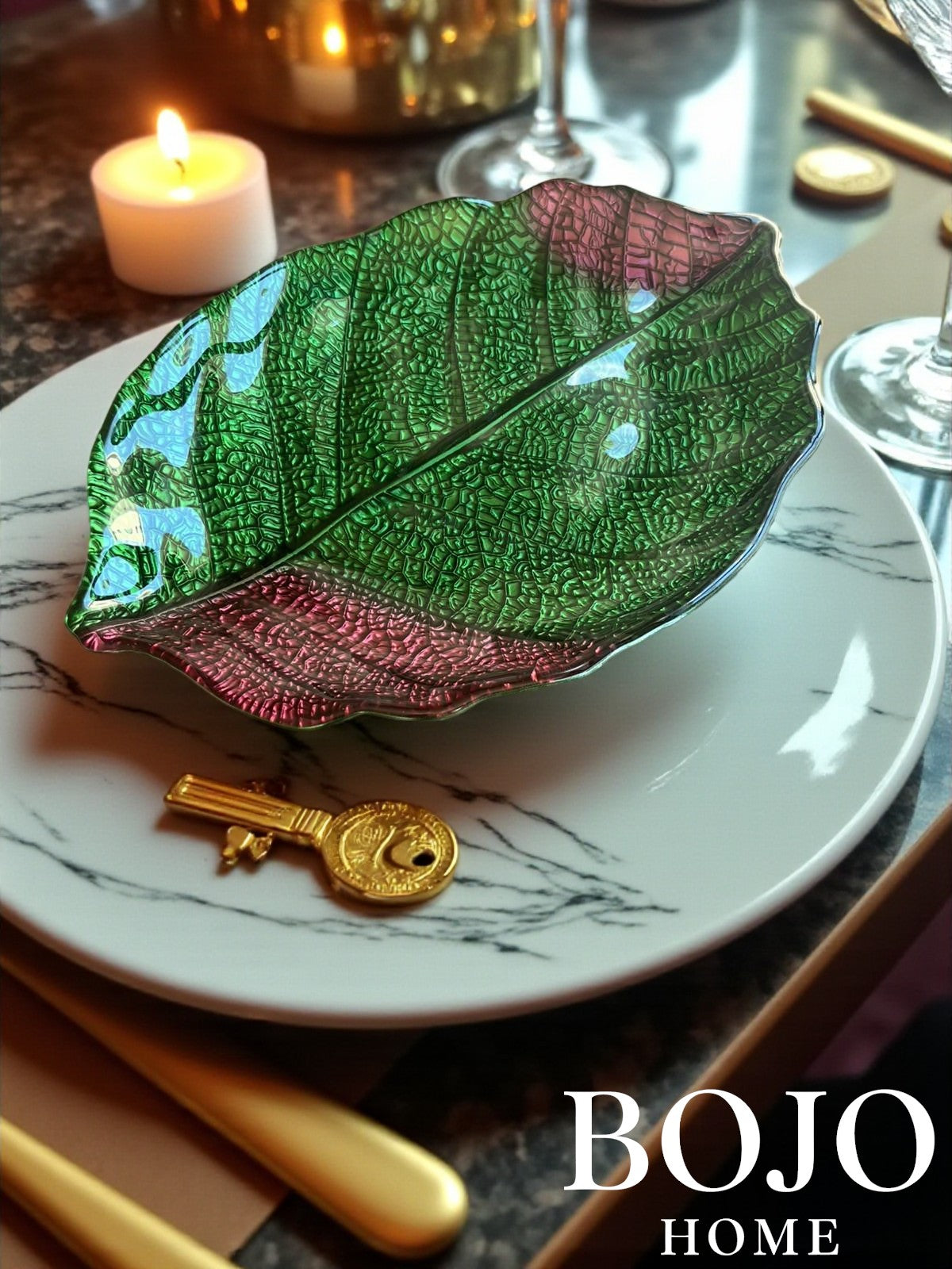 BOJO Home Dekoratif Yaprak Tabak Cam 34 CM Salata- Meyve, Kahvaltılık, Sunum ile Çok Amaçlı Kullanım