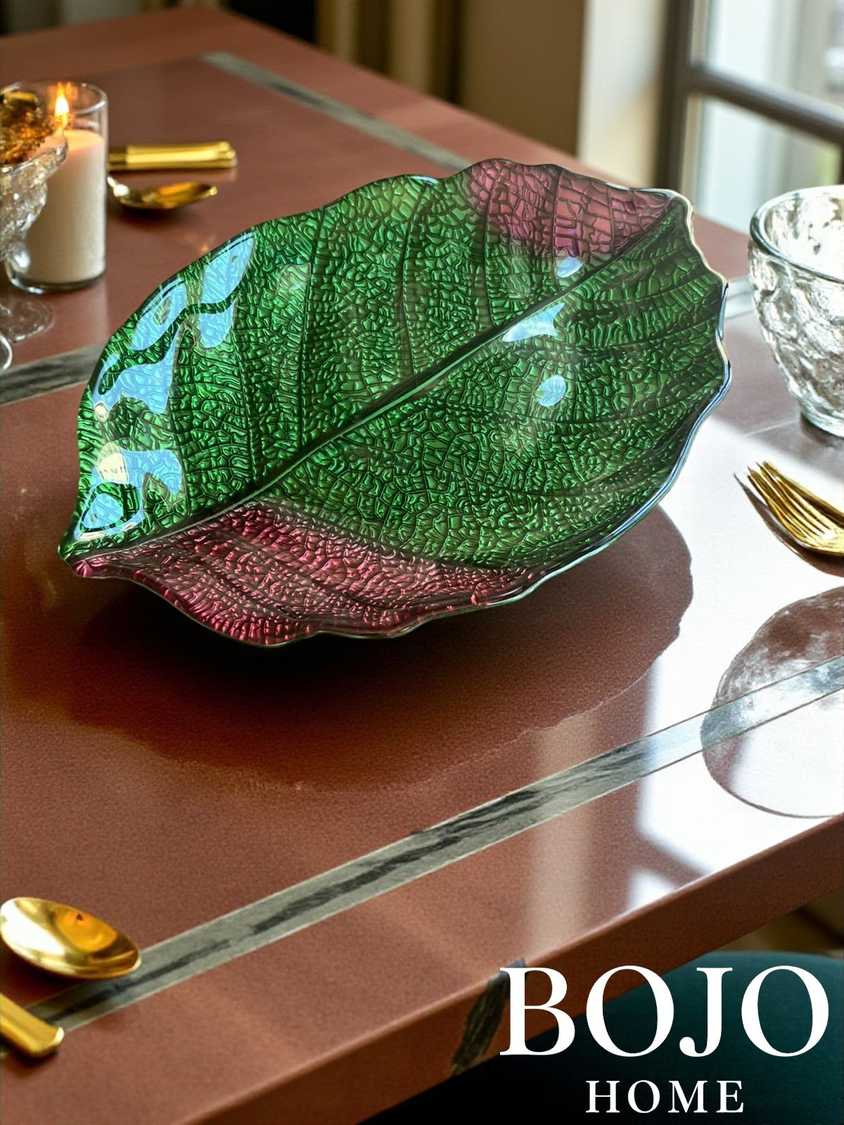BOJO Home Dekoratif Yaprak Tabak Cam 34 CM Salata- Meyve, Kahvaltılık, Sunum ile Çok Amaçlı Kullanım