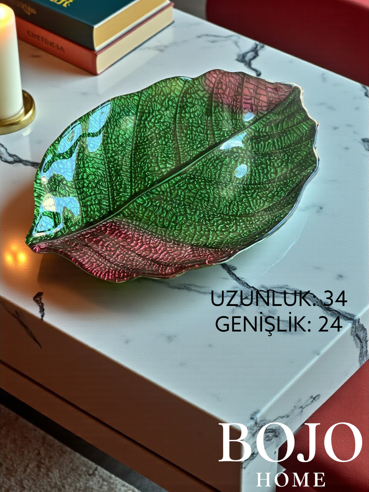 BOJO Home Dekoratif Yaprak Tabak Cam 34 CM Salata- Meyve, Kahvaltılık, Sunum ile Çok Amaçlı Kullanım